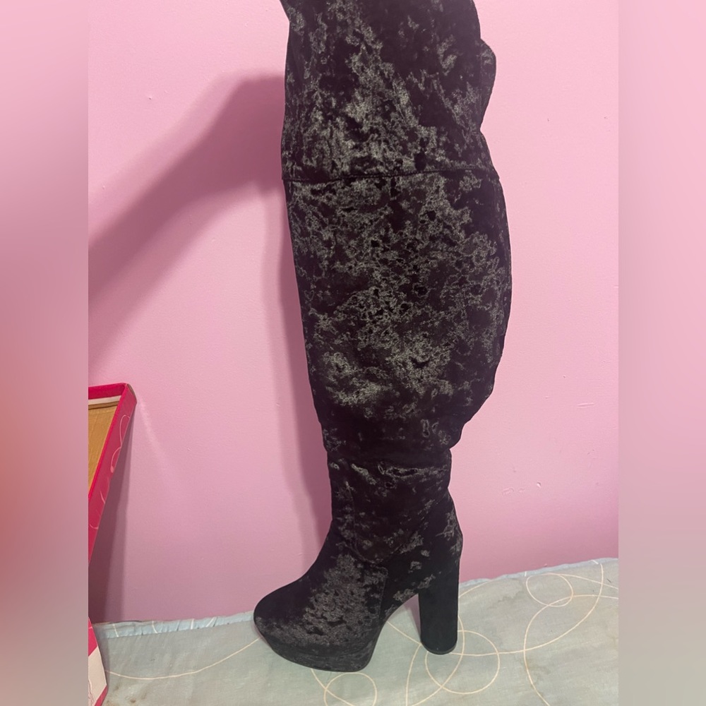 Velvet thigh high boot